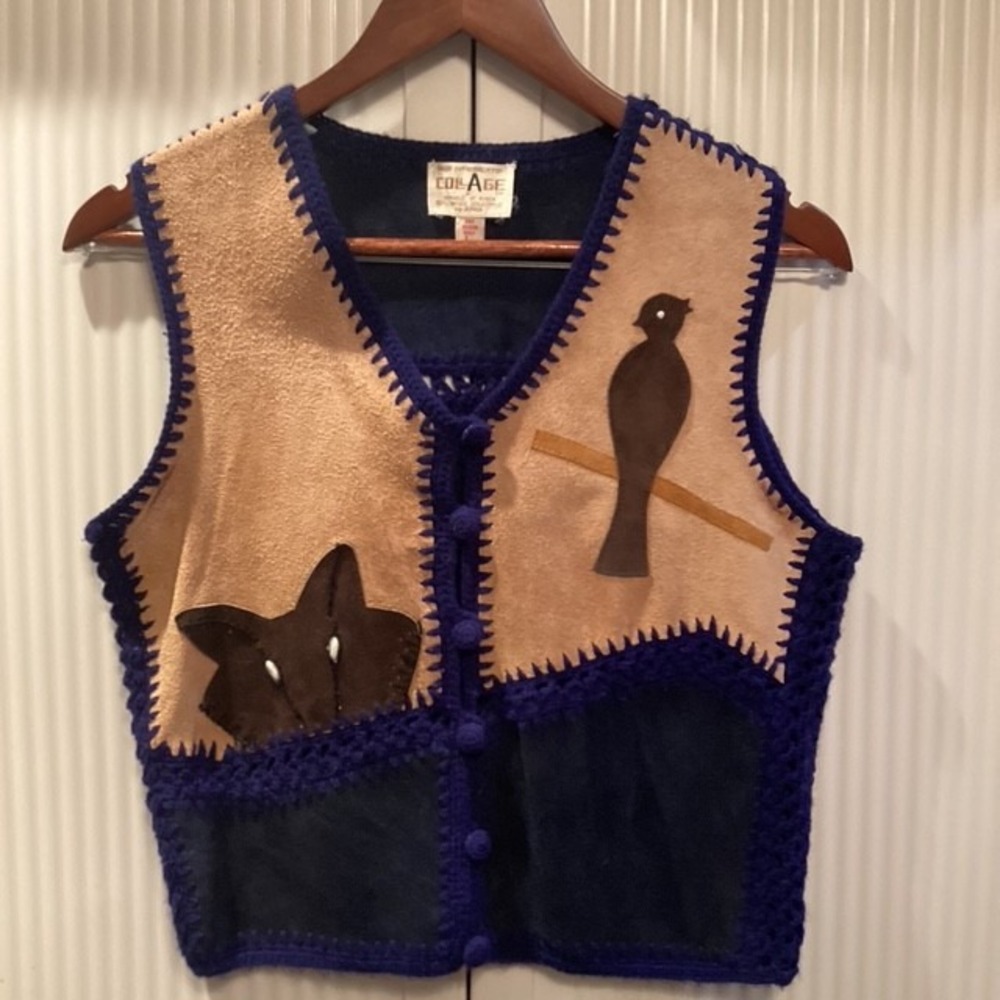 Collage Leather & Crochet Vest‎ Womens Large Vintage 1970-1980 Rare